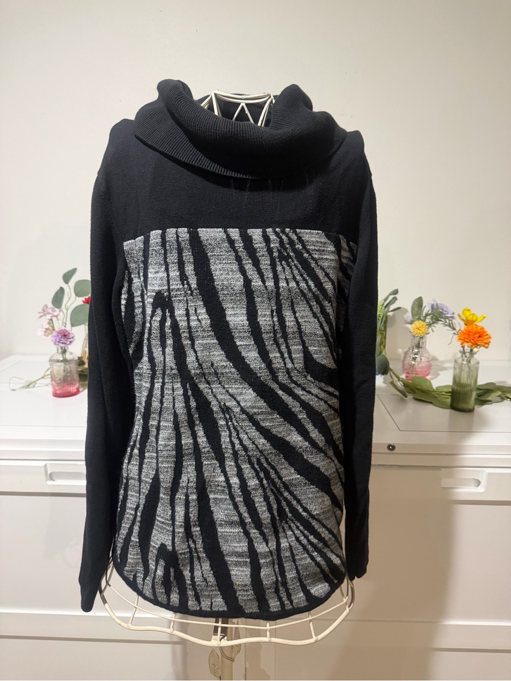 Calvin Klein Black & Gray Zebra-Panel Cowl Neck Sweater